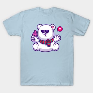 Cute Polar Bear Holding Ice Cream Cone Cartoon T-Shirt